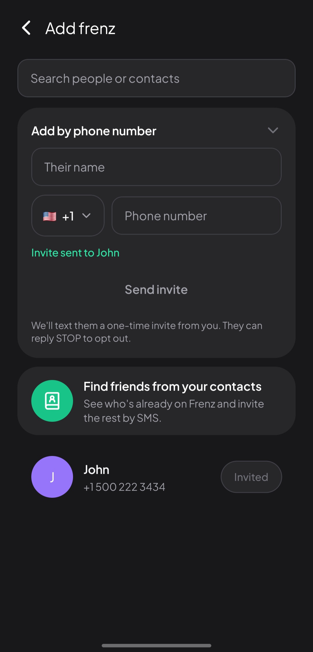 Confirmation after a single invite is sent.