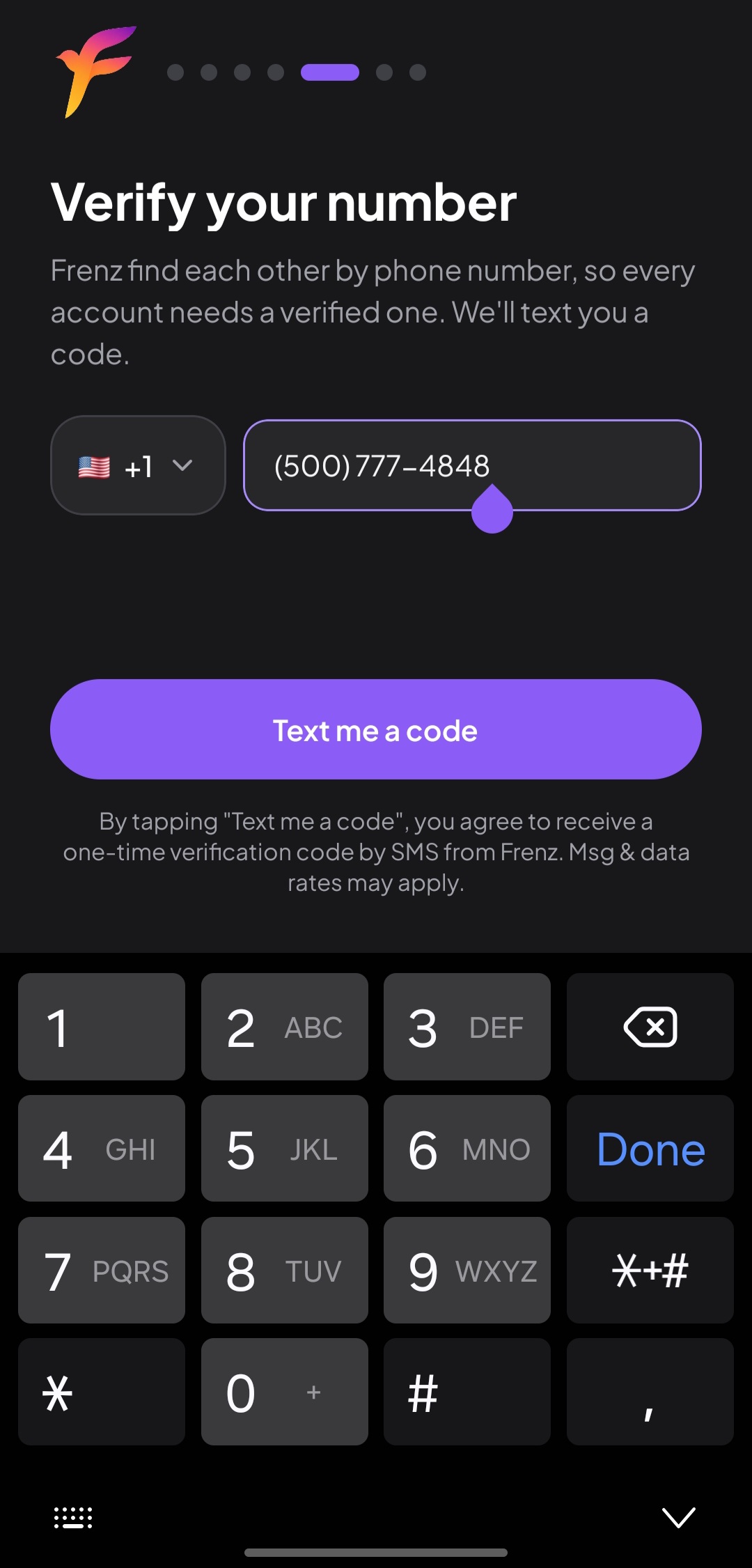 Phone verification screen with inline SMS consent.